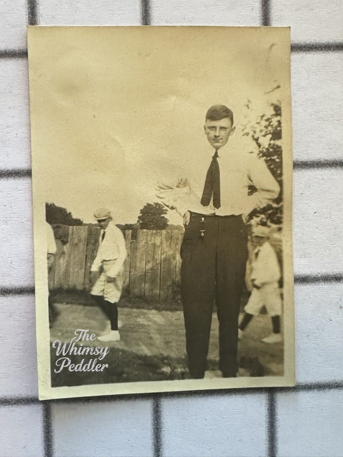 Vintage 1910s Young Man Tie Baseball Players in Background Snapshot Photo Vintage 1910s Young Man Tie Baseball Players in Background Snapshot Photo