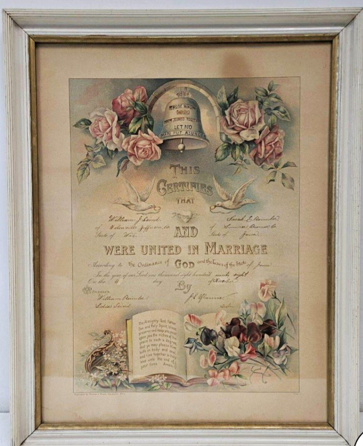 Antique Victorian Marriage Certificate - 1898 - Framed