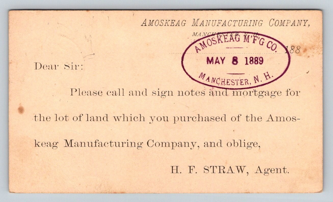 1889 Amoskeag Mfg Co Manchester NH Land Sale George Washington Postal Card 1889 Amoskeag Mfg Co Manchester NH Land Sale George Washington Postal Card