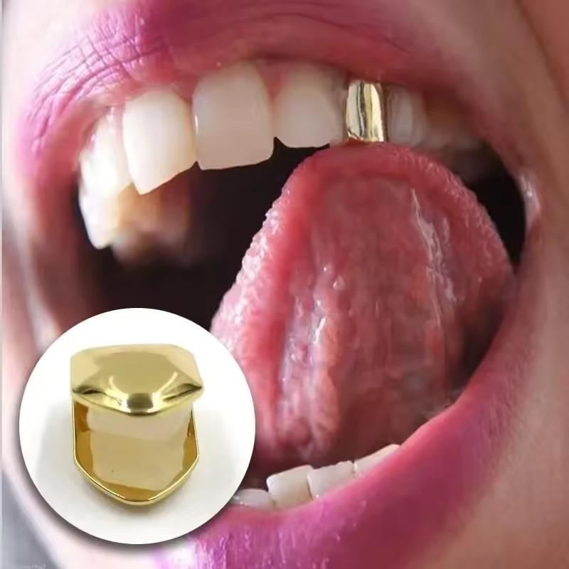 4pcs Gold Plated Grills Teeth HipHop Top&Bottom Tooth Cap Set CZ Teeth Capped
