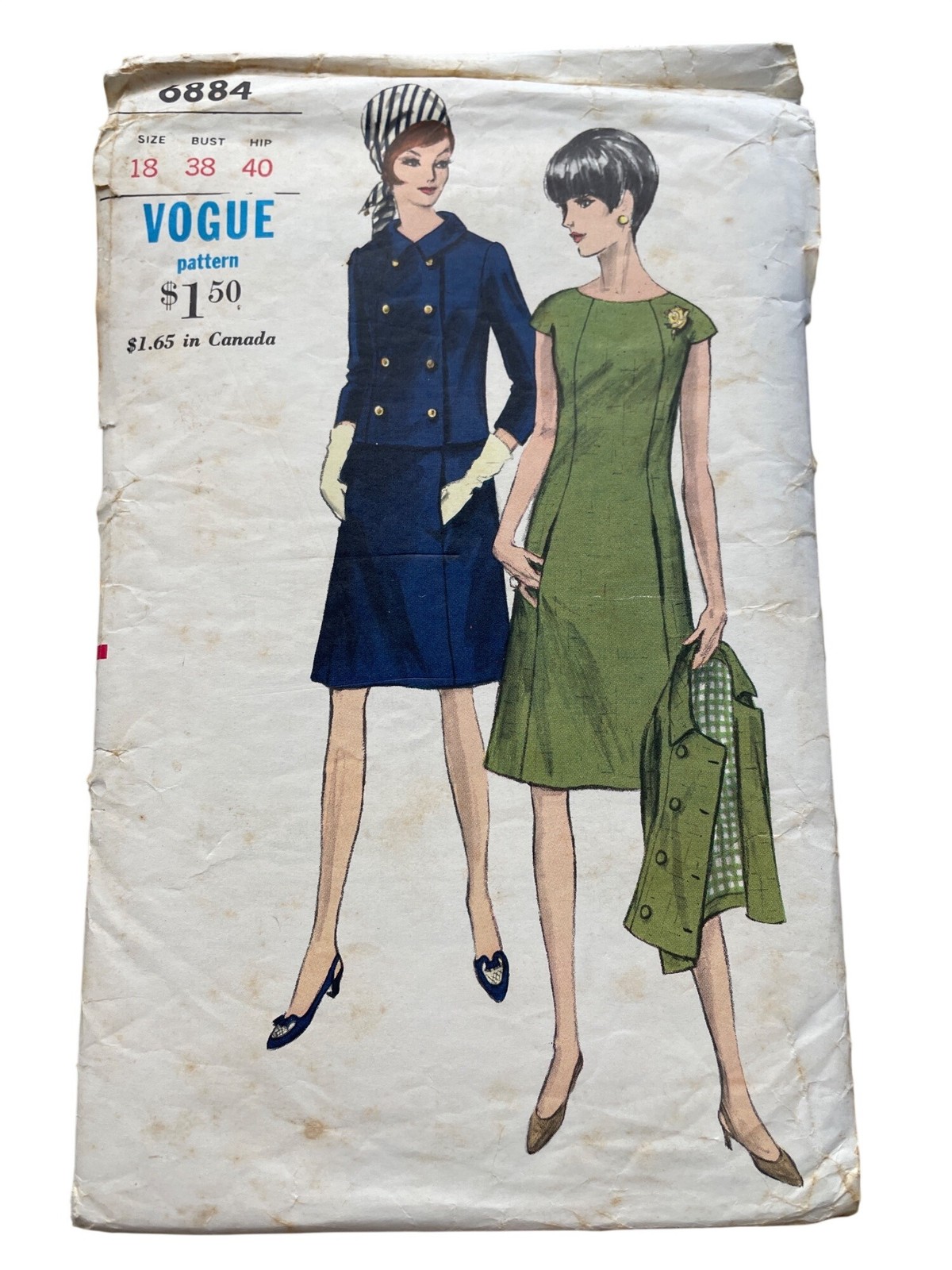 Vintage 60s Vogue 6884 Sewing Pattern Size 18 One Piece Dress & Jacket Retro CUT Vintage 60s Vogue 6884 Sewing Pattern Size 18 One Piece Dress & Jacket Retro CUT
