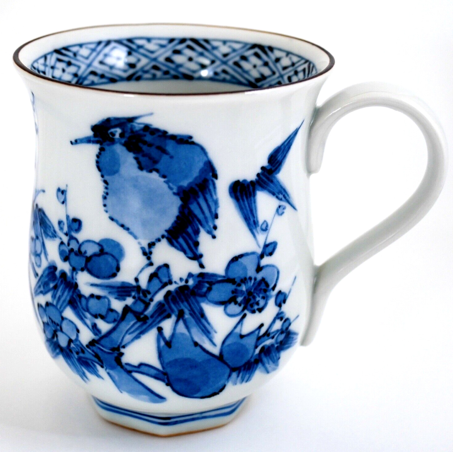Vintage Japanese Mug Cup Blue & White Bird on the Plum Tree Porcelain Seto ware