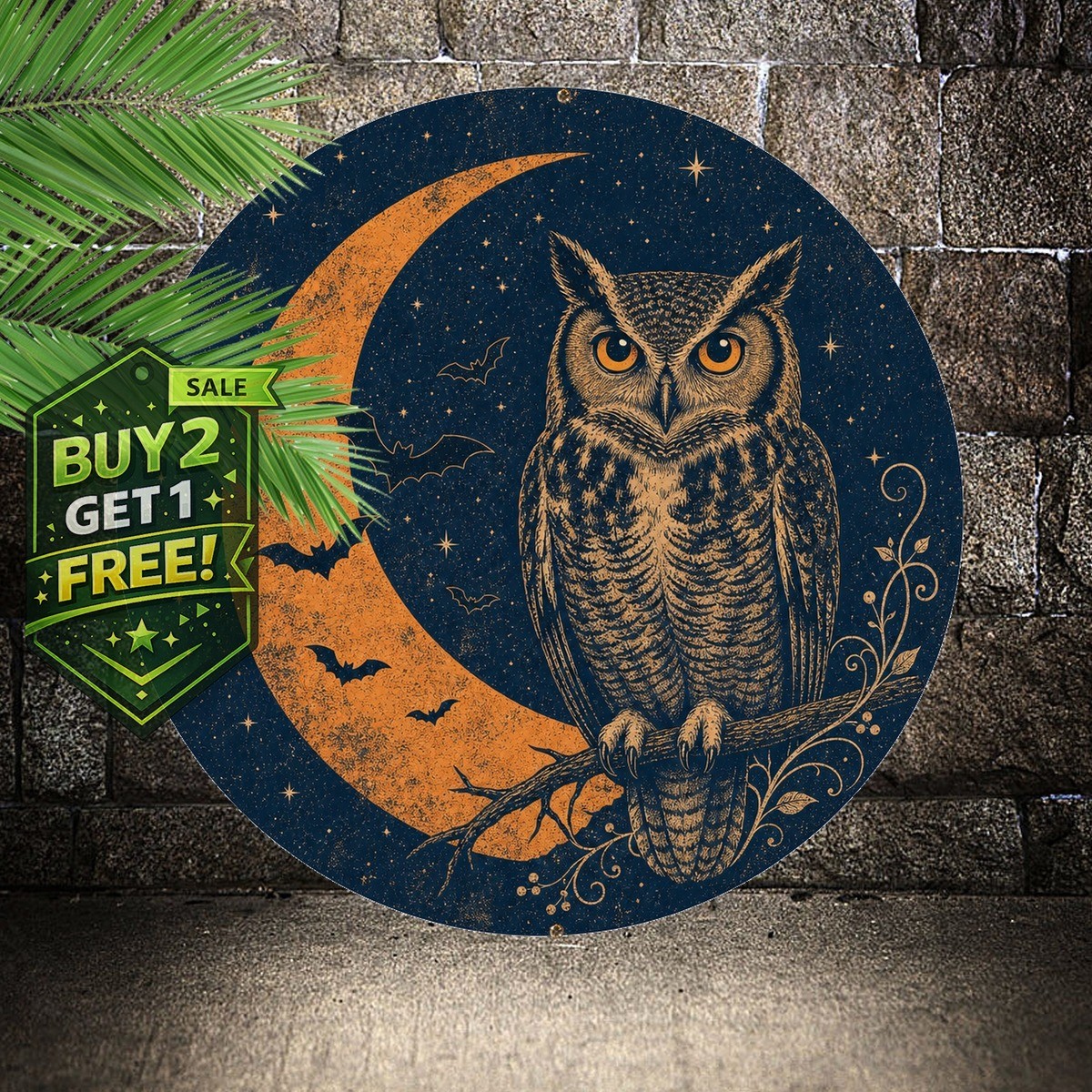 Spooky Owl Round Metal Sign Vintage Halloween Night Forest Wall Art 8x8