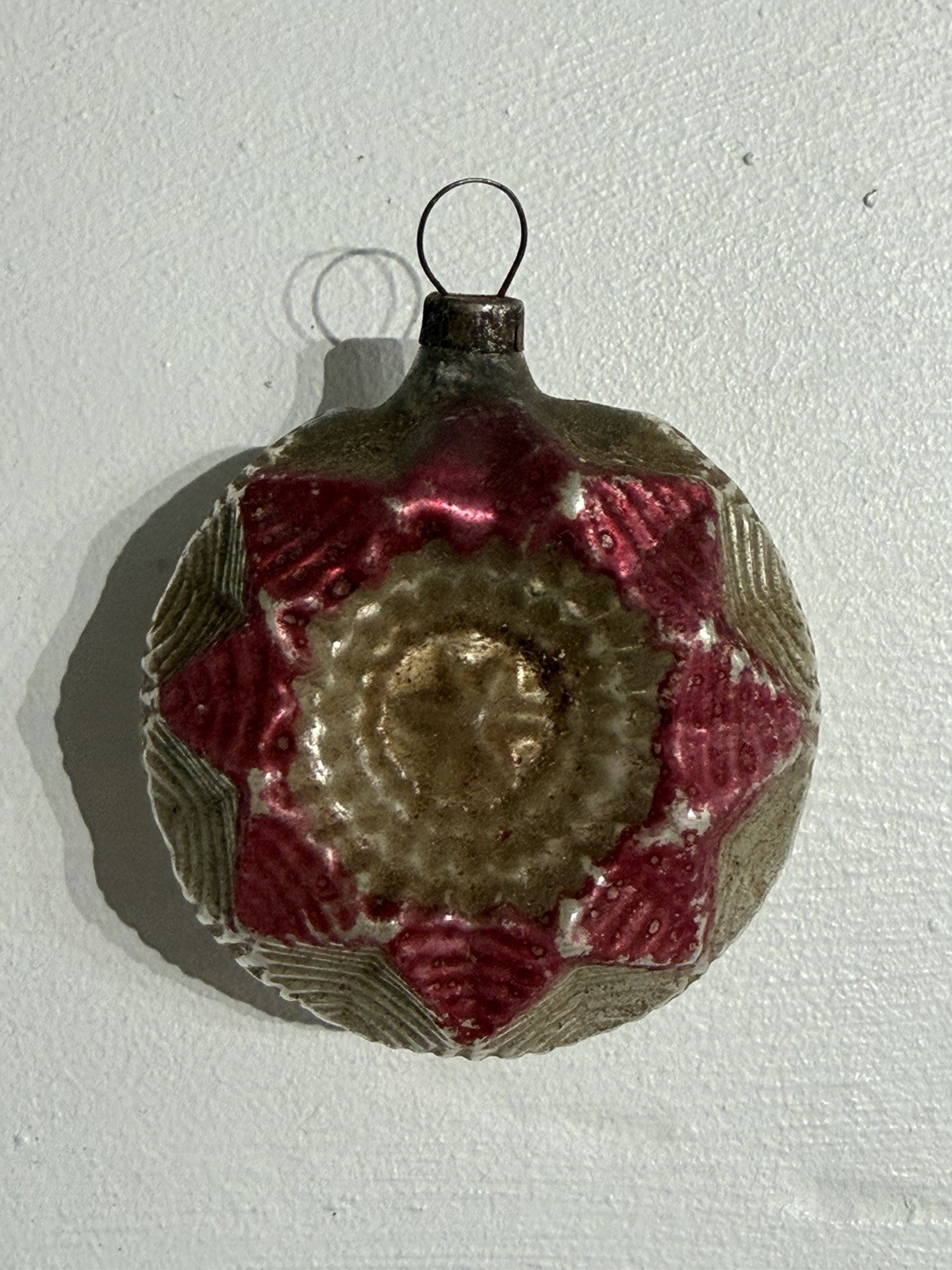 Vintage antique Bumpy Indented Christmas Glass Ornament Silver & Red Star Center Vintage antique Bumpy Indented Christmas Glass Ornament Silver & Red Star Center