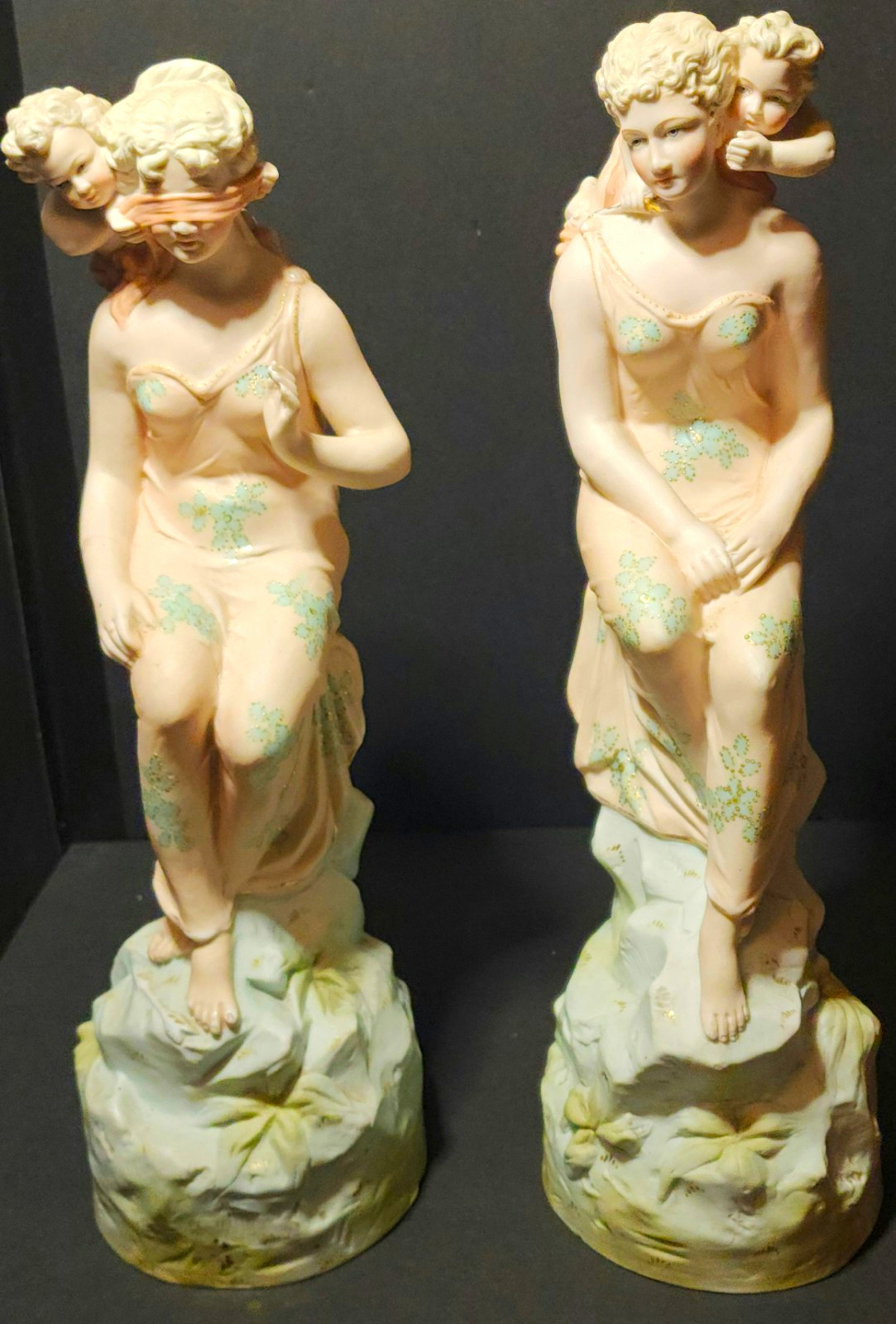 Vintage French Style Bisque Porcelain Figurines Pair Women Cherubs Cupid