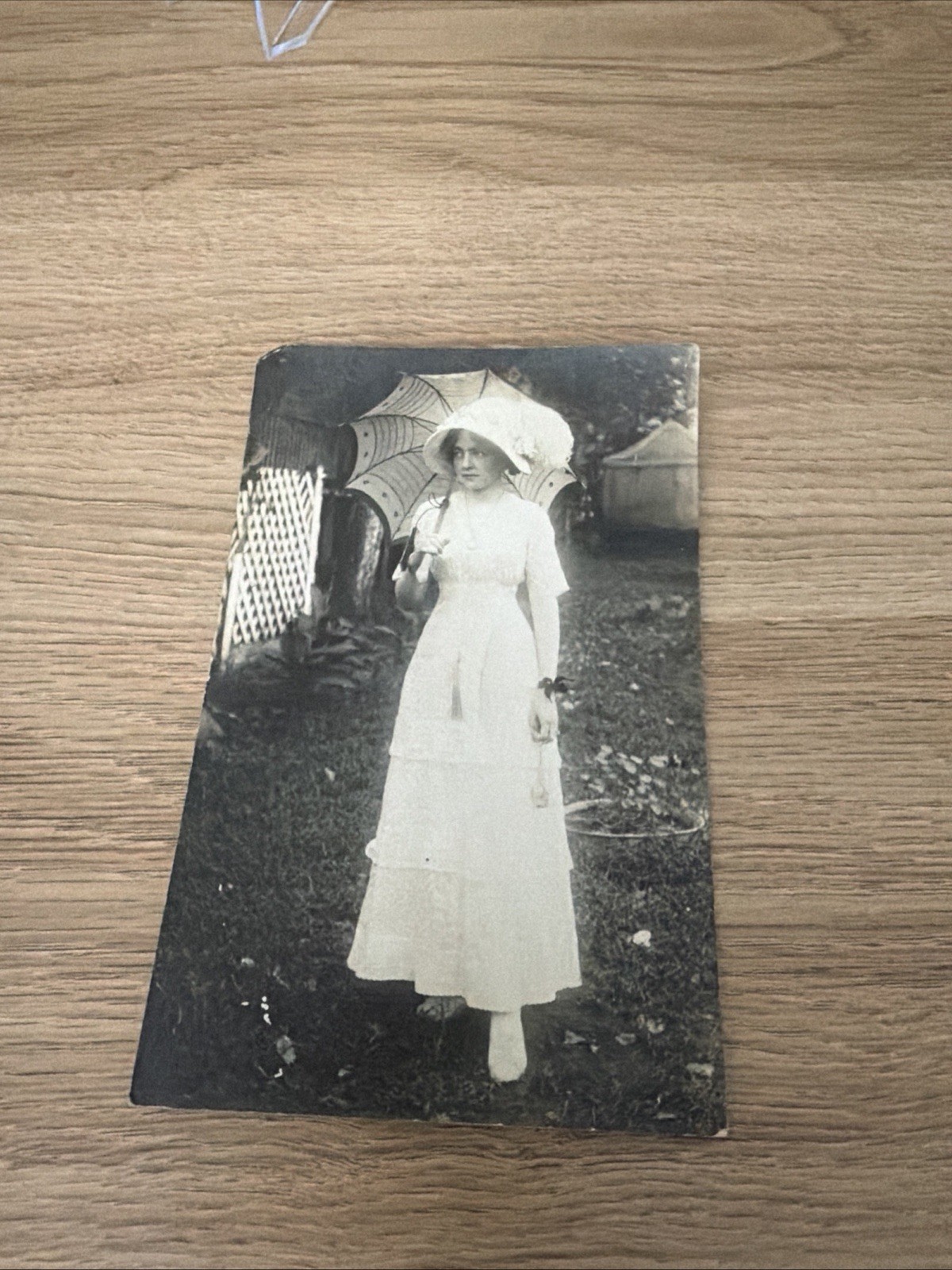 1911 RPPC Woman White Dress Parasol Edwardian Antique Real Photo Postcard