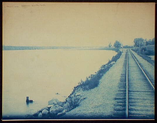 Photo:Approach,north,Rock River,railroad tracks,water historic photo