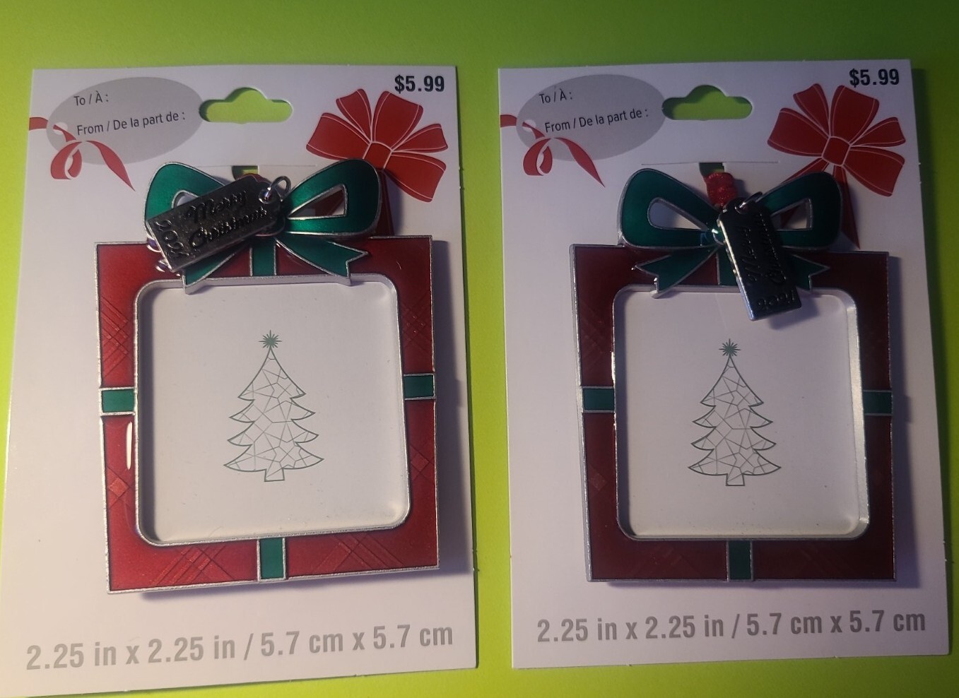 2 Christmas Picture Frame Photo Ornament Red & Green Present 2 Christmas Picture Frame Photo Ornament Red & Green Present