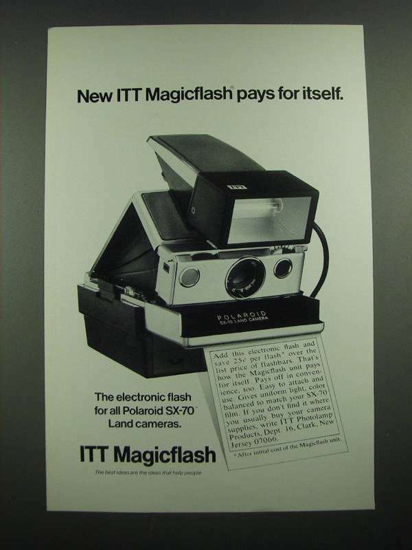 1975 ITT Magicflash for Polaroid SX-70 Cameras Ad - Pays For Itself
