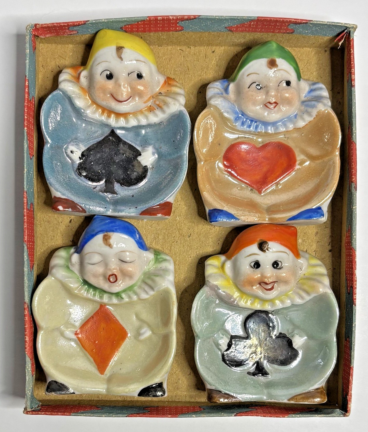 Vintage Art Deco Pierrot Clown Card Suit Bridge Dishes Trays Set Boxed 1930s