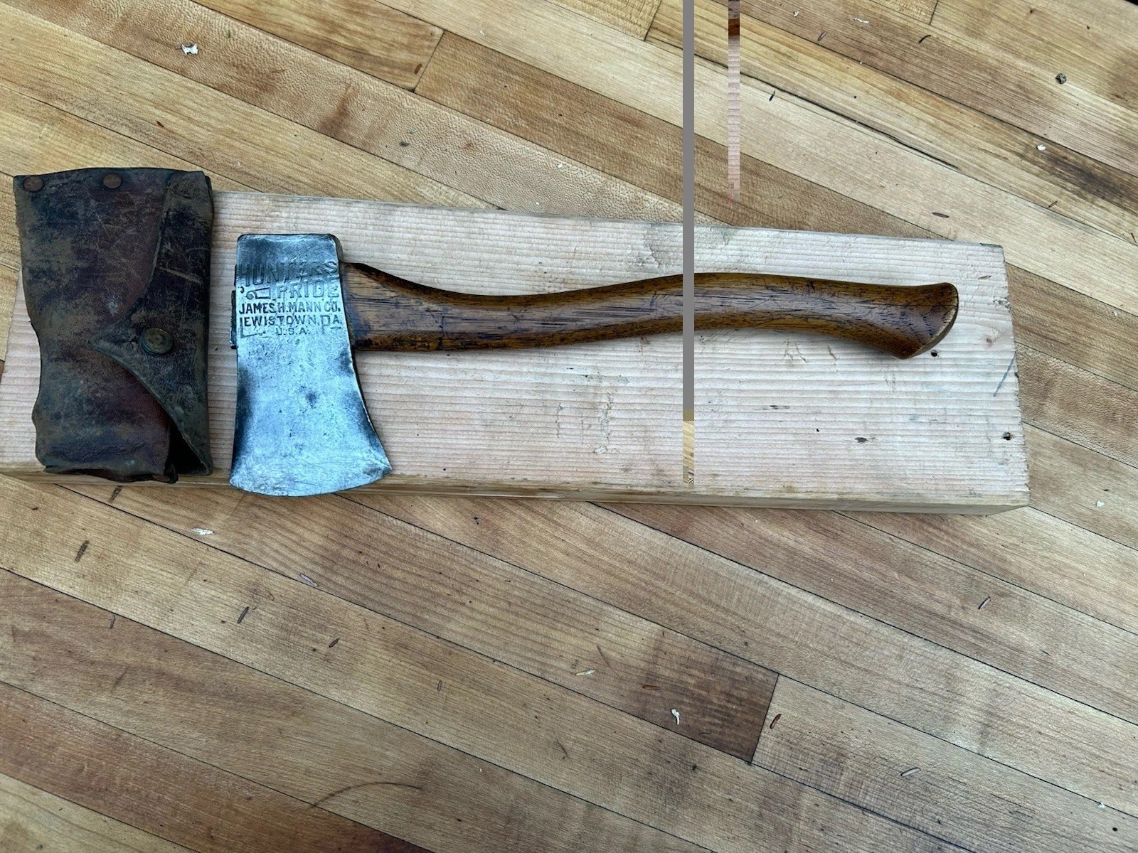Antique Embossed James H Mann Hunters Pride Axe Hatchet w/ Leather Sheath
