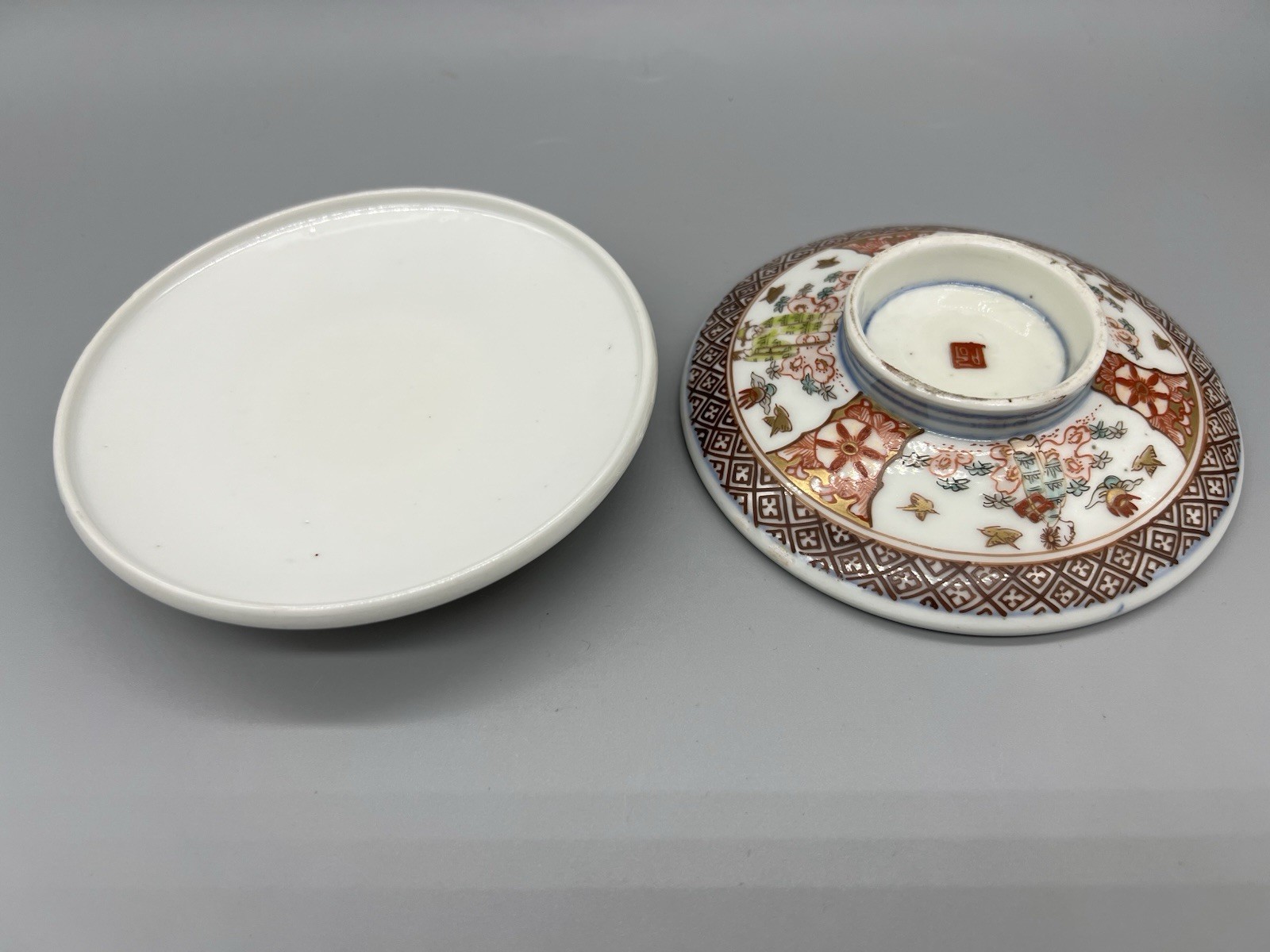 2 Antique Japanese Hand Painted Porcelain Footed Shallow Bowls 5” Diameter