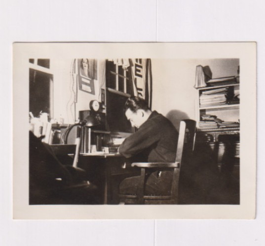 Mid-Century Office Snapshot Man Writing at Desk “Chuck at Work” Photo Mid-Century Office Snapshot Man Writing at Desk “Chuck at Work” Photo