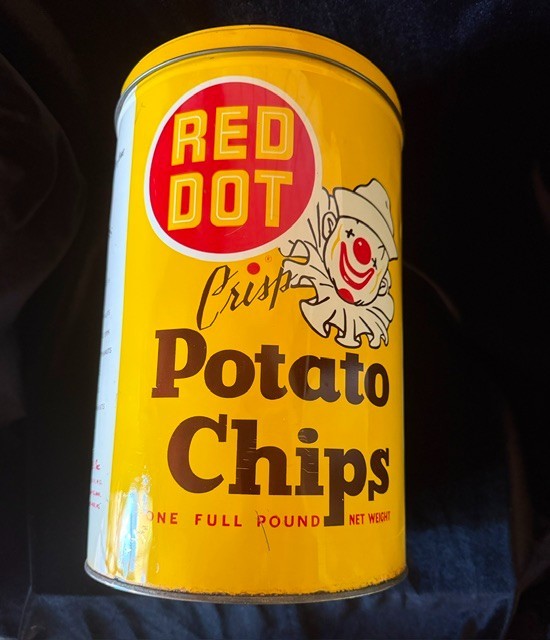 Vintage Large Red Dot Crisp Potato Chips Can Clown Graphic Red Dot Foods 1950\'s