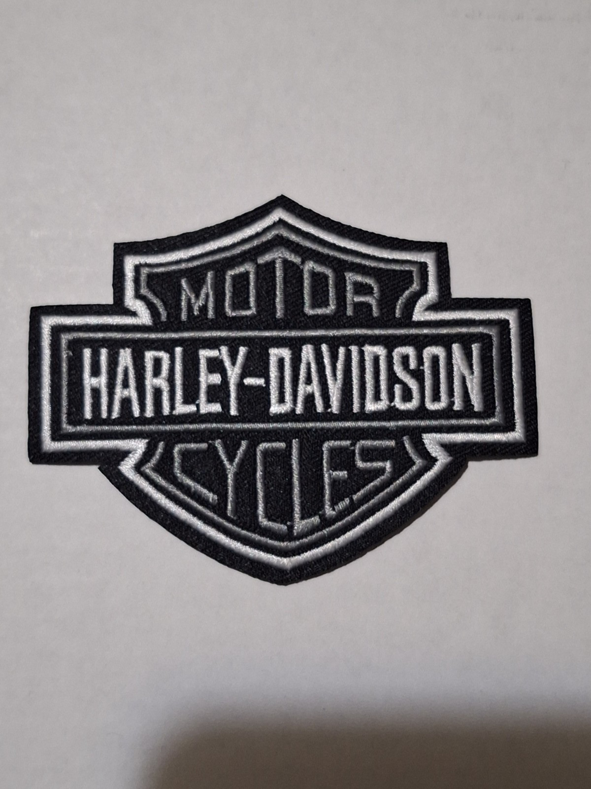 Embroidered Harley-Davidson Shield Iron On Patch Gray and White