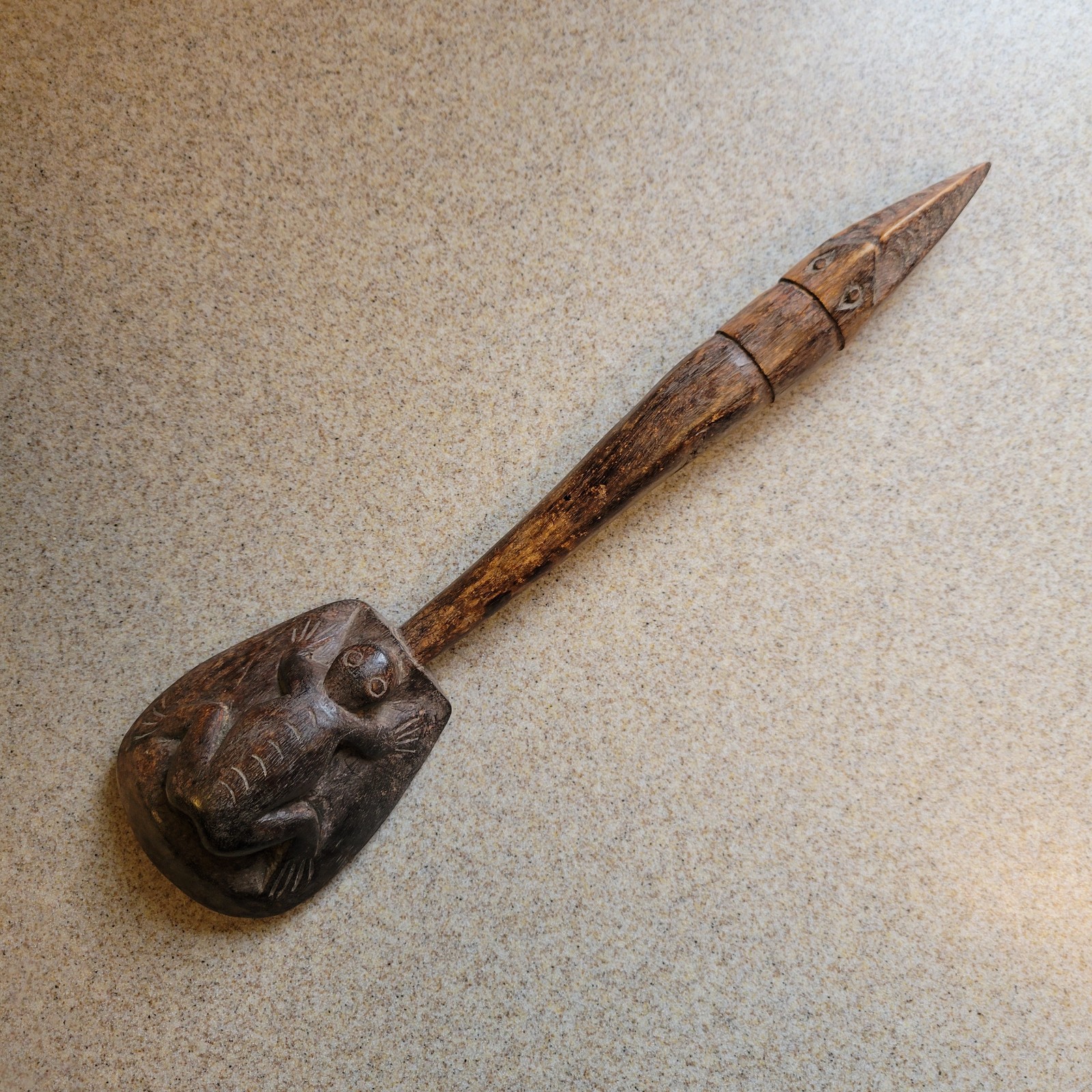 Old Carved Wood Rice Sheaf Paddle Panaptapan Frog Bird Figures Lombok Indonesia Old Carved Wood Rice Sheaf Paddle Panaptapan Frog Bird Figures Lombok Indonesia