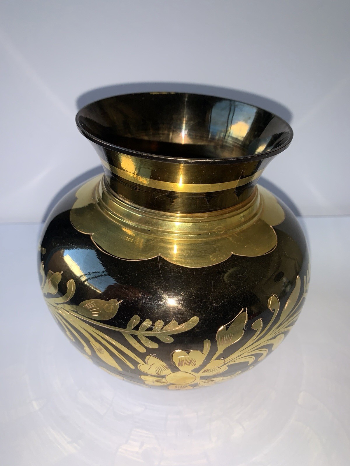 Vtg Black Enameled Floral Vase Etched-Brass- India 5 1/2” tall gold leaves
