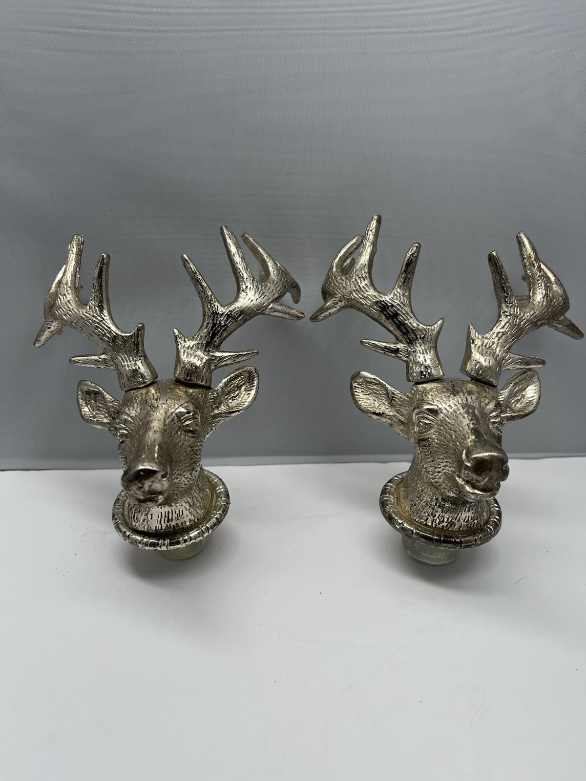 Vintage Silver Tone Deer Stag Head Bottle Stoppers Pair Antler Barware Vintage Silver Tone Deer Stag Head Bottle Stoppers Pair Antler Barware
