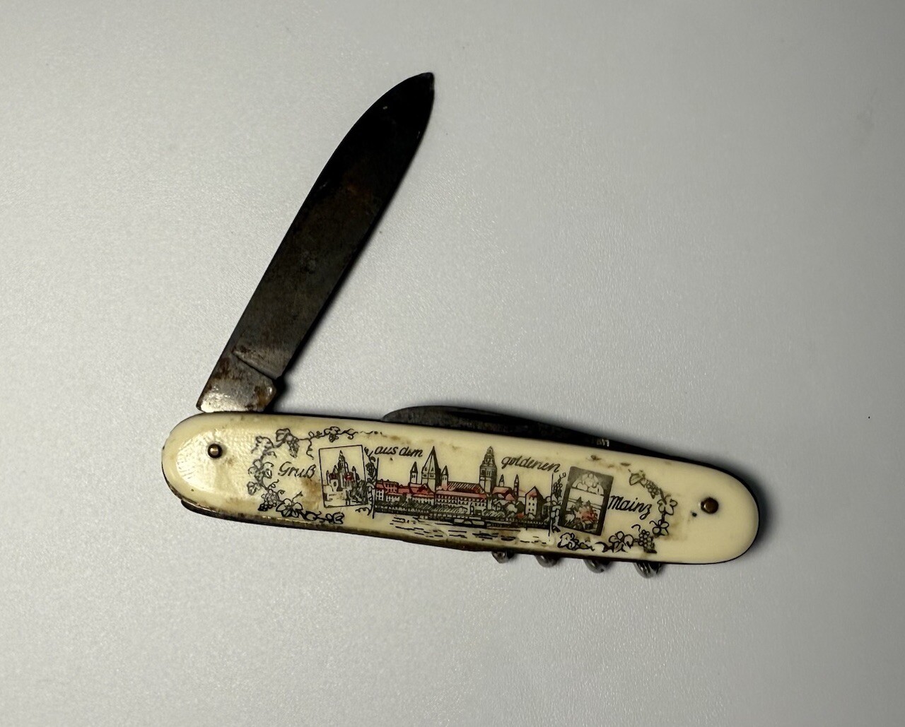Vintage German Souvenir Pocket Knife Mainz Gruß aus dem goldenen Mainz Mutitool