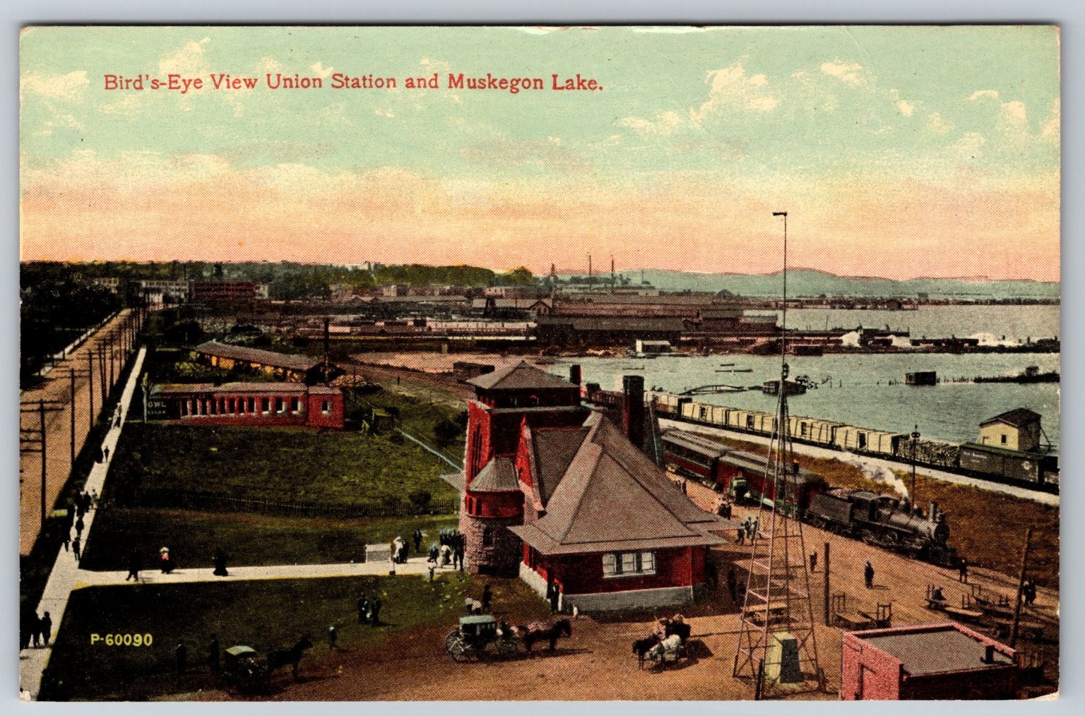 Muskegon MI Union Station Muskegon Lake Bird\'s-Eye View Postcard 1910s PC 194