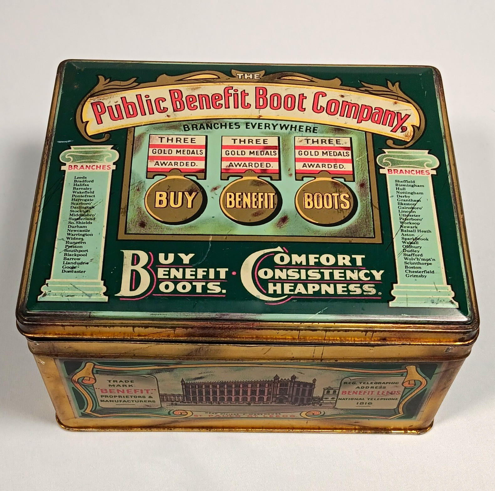 Vintage c. 1930s Public Benefit Boot Company Advertising Tin – Made in England Vintage c. 1930s Public Benefit Boot Company Advertising Tin – Made in England