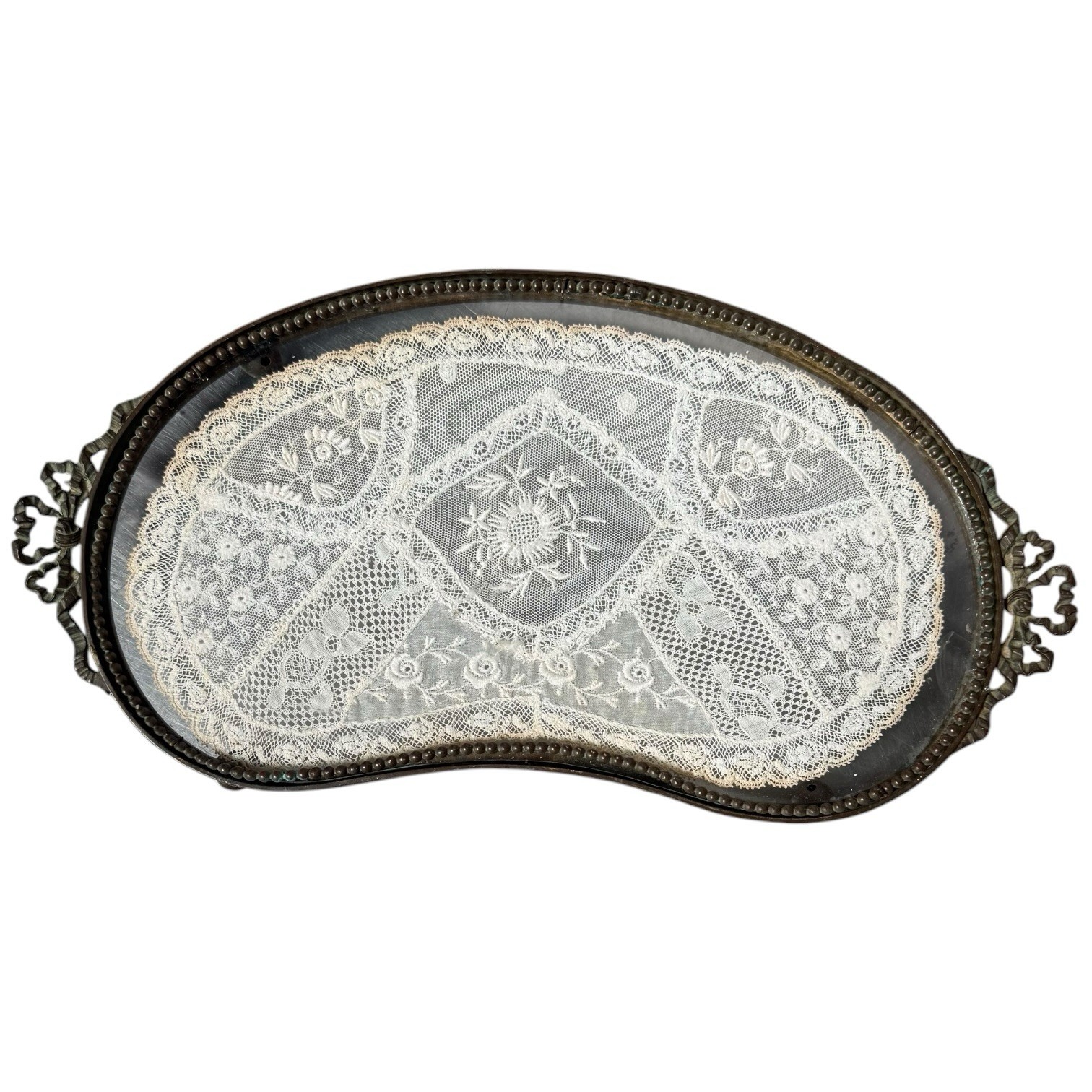 Vintage French Brass Glass Lace Vanity Tray Kidney Shaped Bow Ormolu 13-1/2\ Vintage French Brass Glass Lace Vanity Tray Kidney Shaped Bow Ormolu 13-1/2\