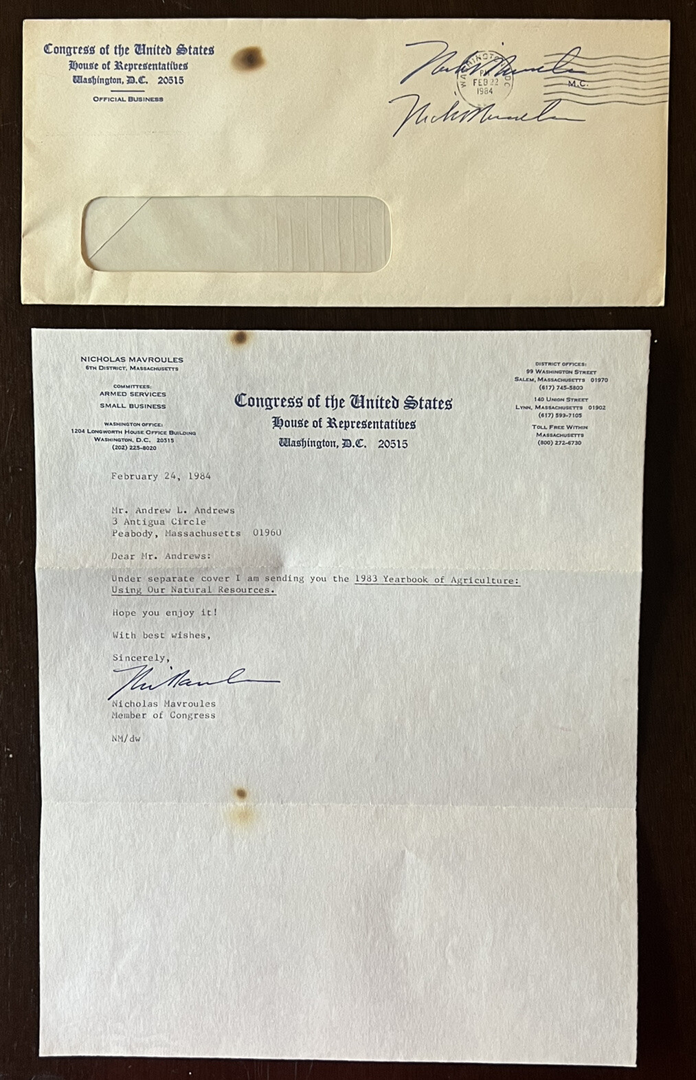 1984 US COVER AND LETTER SIGNED BY NICHOLAS MAVROULES, IMPRISONED FOR EXTORTION 1984 US COVER AND LETTER SIGNED BY NICHOLAS MAVROULES, IMPRISONED FOR EXTORTION