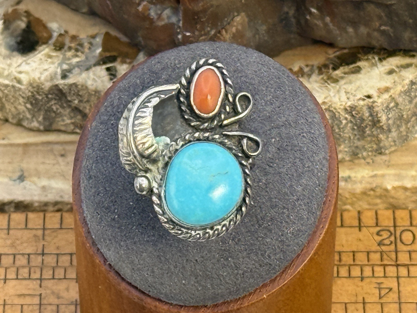 Vintage Native Navajo Sterling Turquoise Coral Blossom ring sz 6--1728.26 Vintage Native Navajo Sterling Turquoise Coral Blossom ring sz 6--1728.26