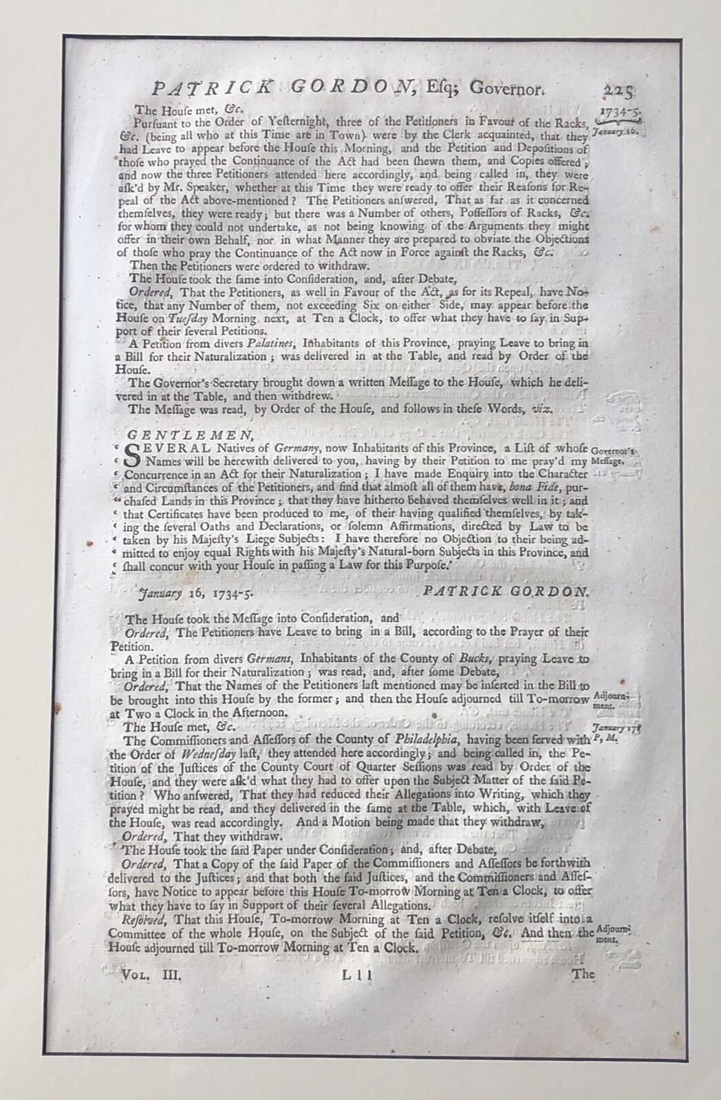 Antique 1734-5 Newspaper Page Philadelphia by Governor Patrick Gordon Antique 1734-5 Newspaper Page Philadelphia by Governor Patrick Gordon