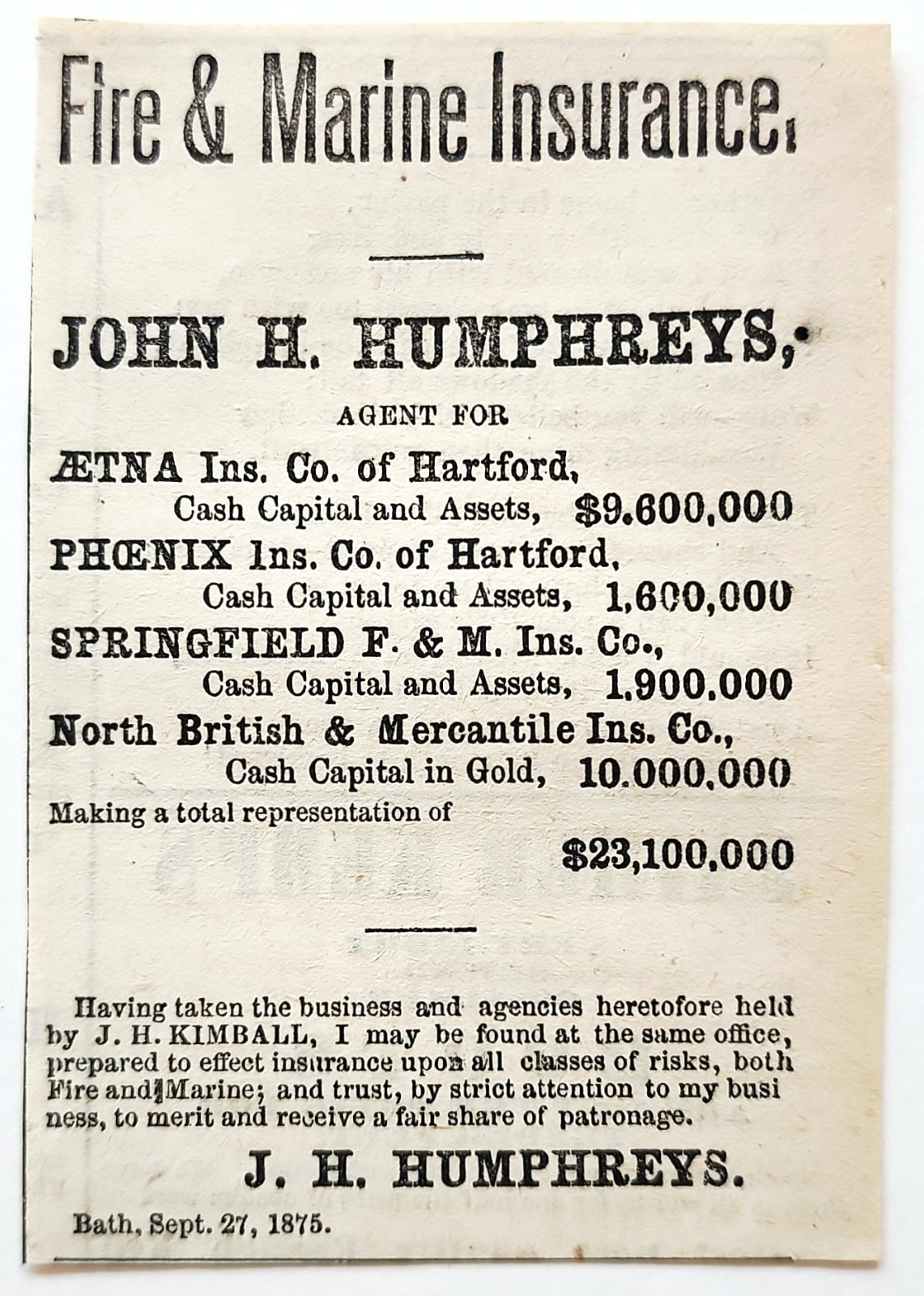 1876 John Humphrey Fire & Marine Insurance Advertisement Bath Maine Agent