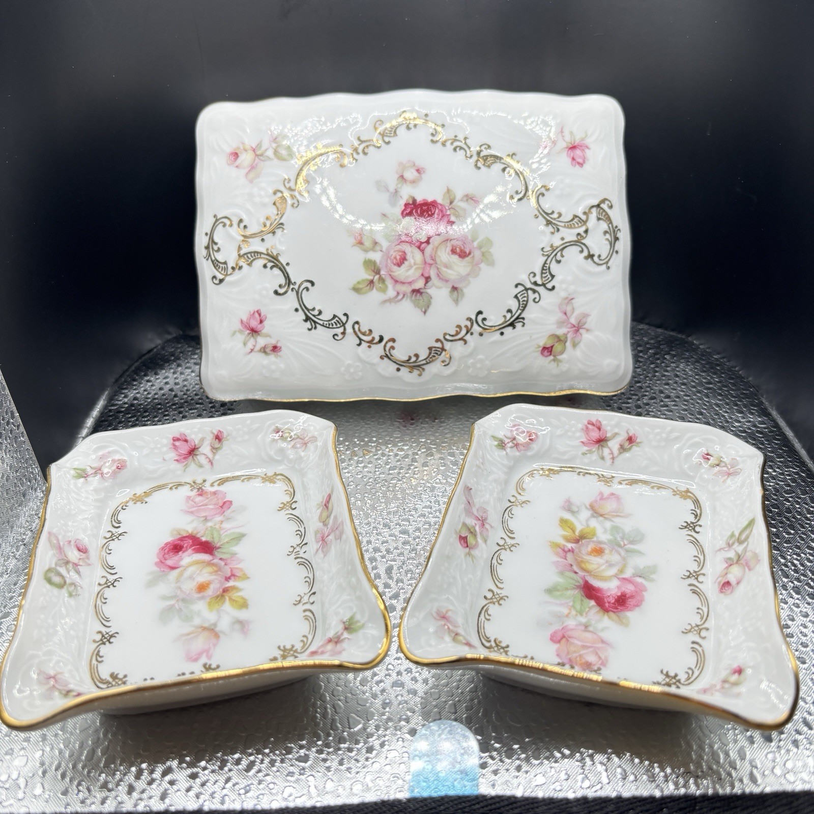 VTG Schumann Bavaria Arzberg GermanyPorcelain Trinket Box & 6 Pin Dishes Gold VTG Schumann Bavaria Arzberg GermanyPorcelain Trinket Box & 6 Pin Dishes Gold