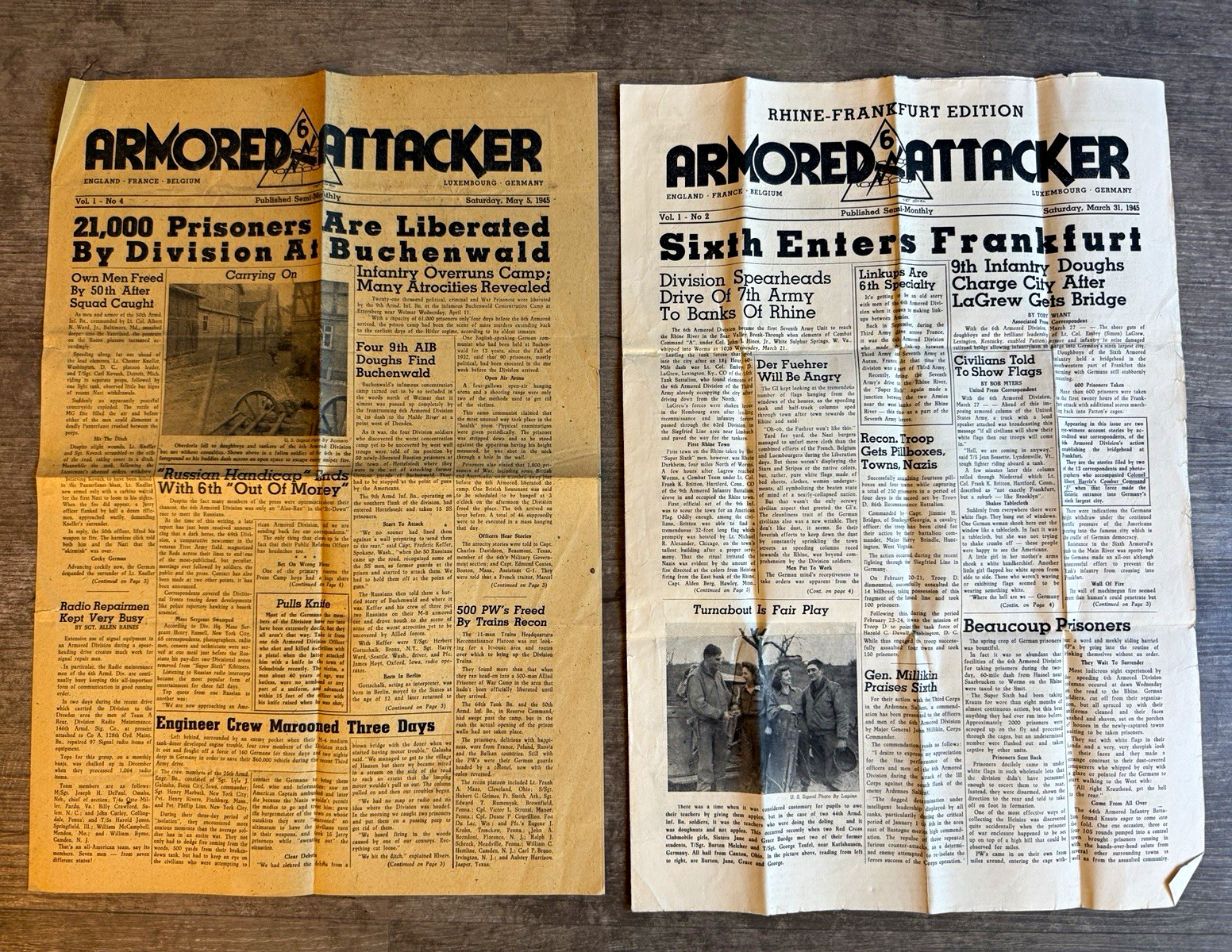 WWII 6th Armored Attacker Two Newspapers March May 1945 Buchenwald Frankfurt WWII 6th Armored Attacker Two Newspapers March May 1945 Buchenwald Frankfurt