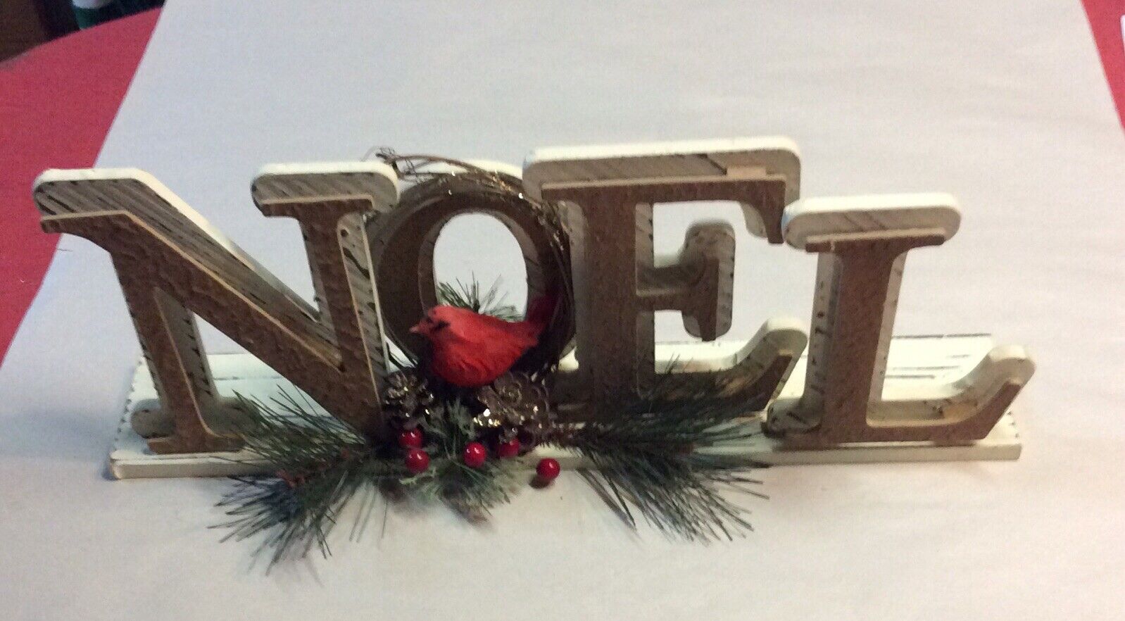 Vintage Christmas Wooden Noel Sign Decoration With Bird 6.5” X 17”