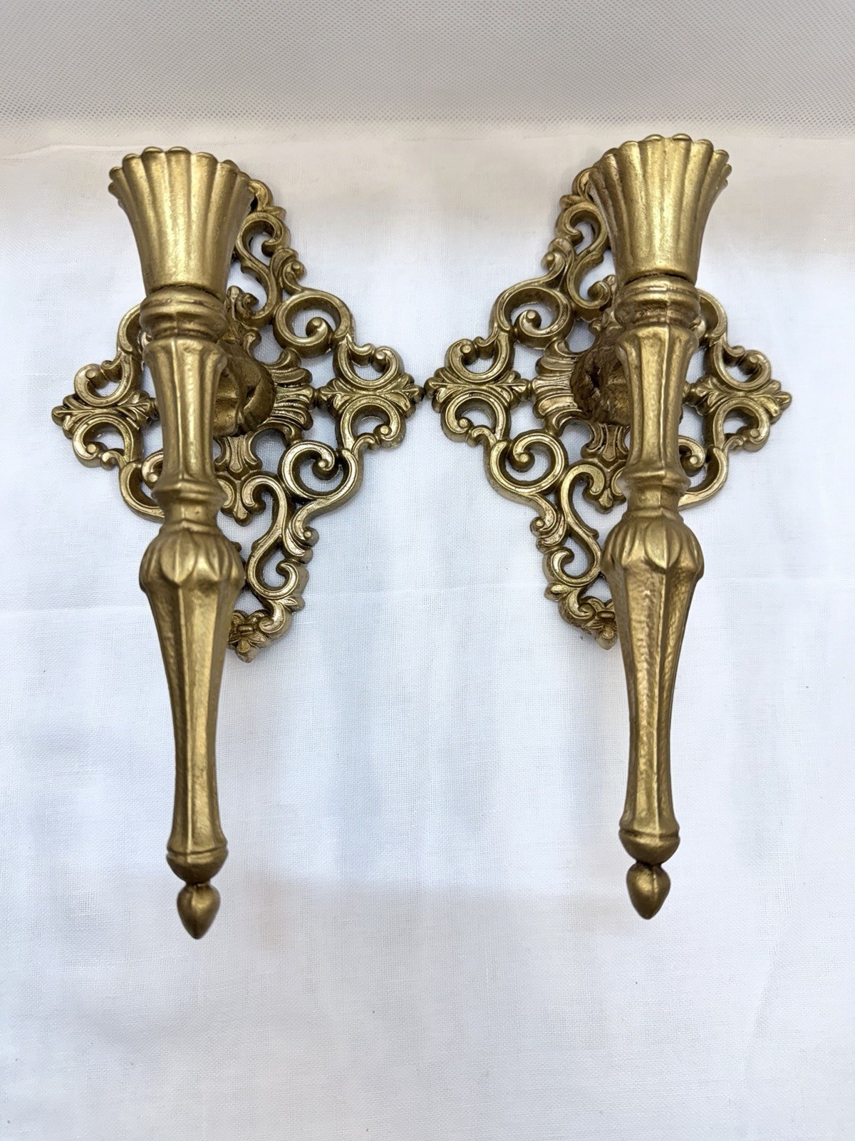 Pair Vintage Ornate Gold Wall Sconces 10.5” Baroque Rococo Hollywood Regency Pair Vintage Ornate Gold Wall Sconces 10.5” Baroque Rococo Hollywood Regency