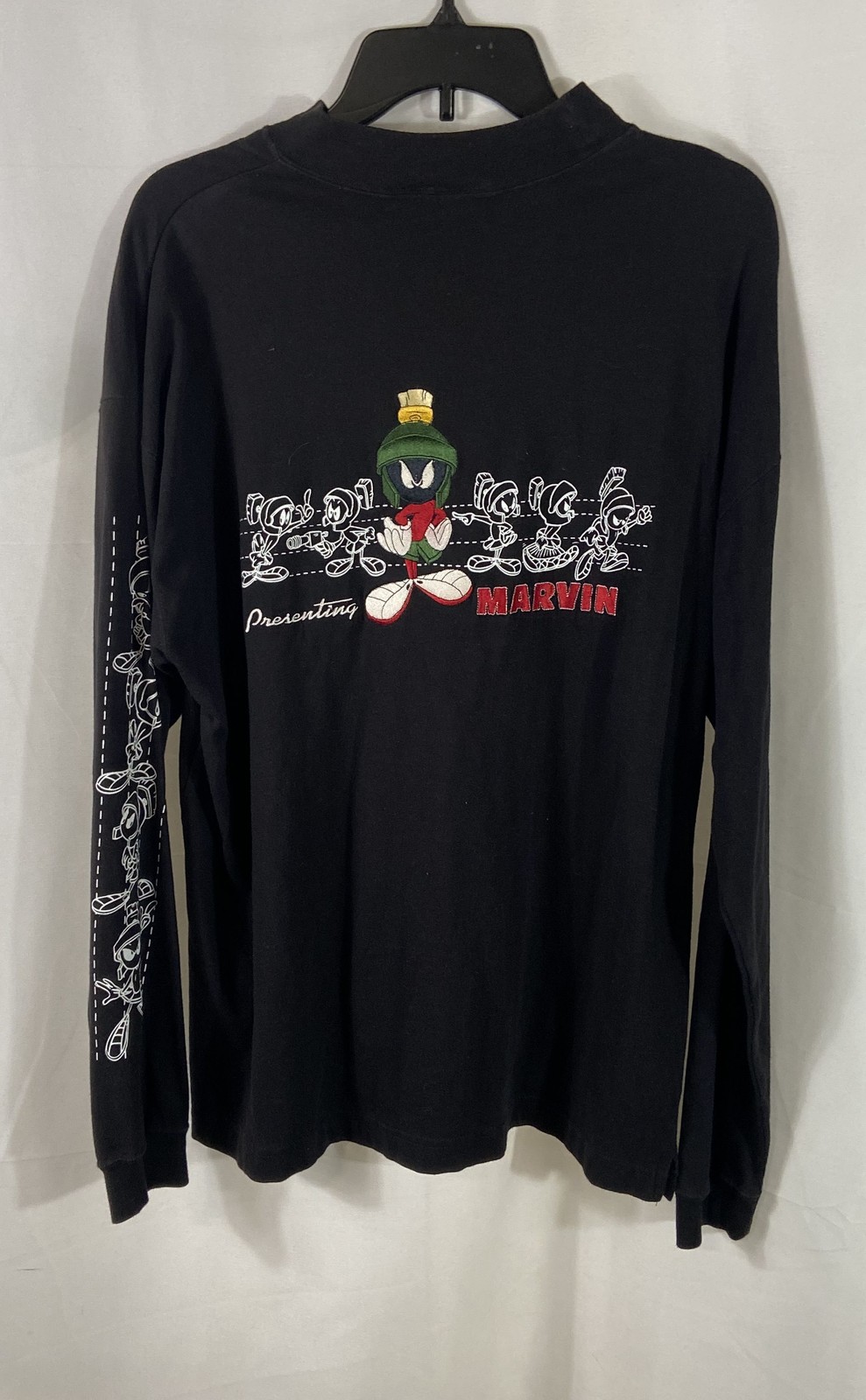 Vintage 90s Warner Bros Marvin the Martian Black Long Sleeve Shirt Graphic Sz L