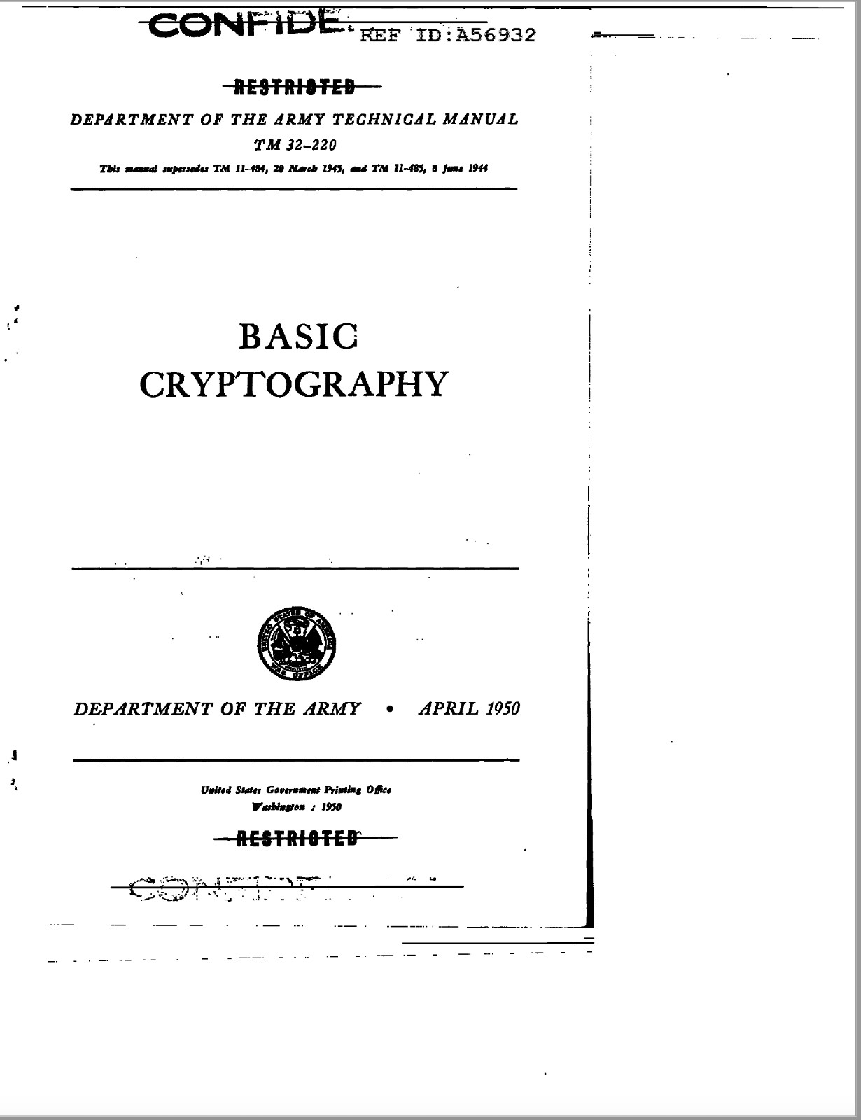 192 Page 1950 Declassified BASIC CRYPTOGRAPHY TM 32-220 Technical Manual on CD 192 Page 1950 Declassified BASIC CRYPTOGRAPHY TM 32-220 Technical Manual on CD