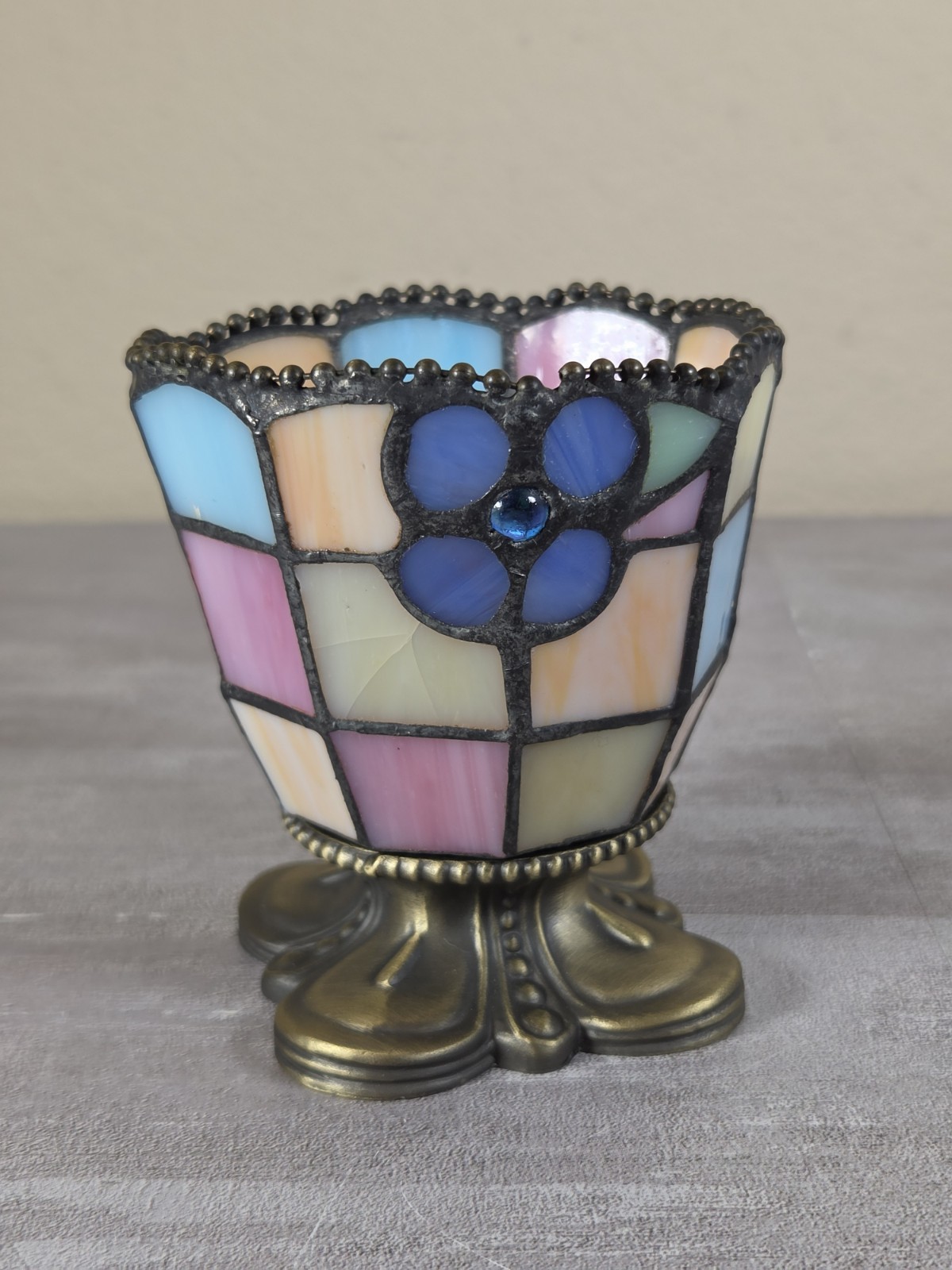 Vintage PartyLite Floral Stained Glass Votive Tea Light Candle Holder ~4” - Read Vintage PartyLite Floral Stained Glass Votive Tea Light Candle Holder ~4” - Read