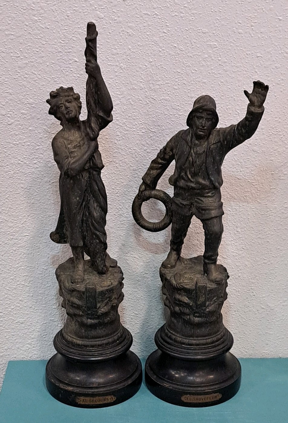 Antique French Spelter Statue Pair Au Secours & Le Sauveteur Fisherman Rescue Antique French Spelter Statue Pair Au Secours & Le Sauveteur Fisherman Rescue