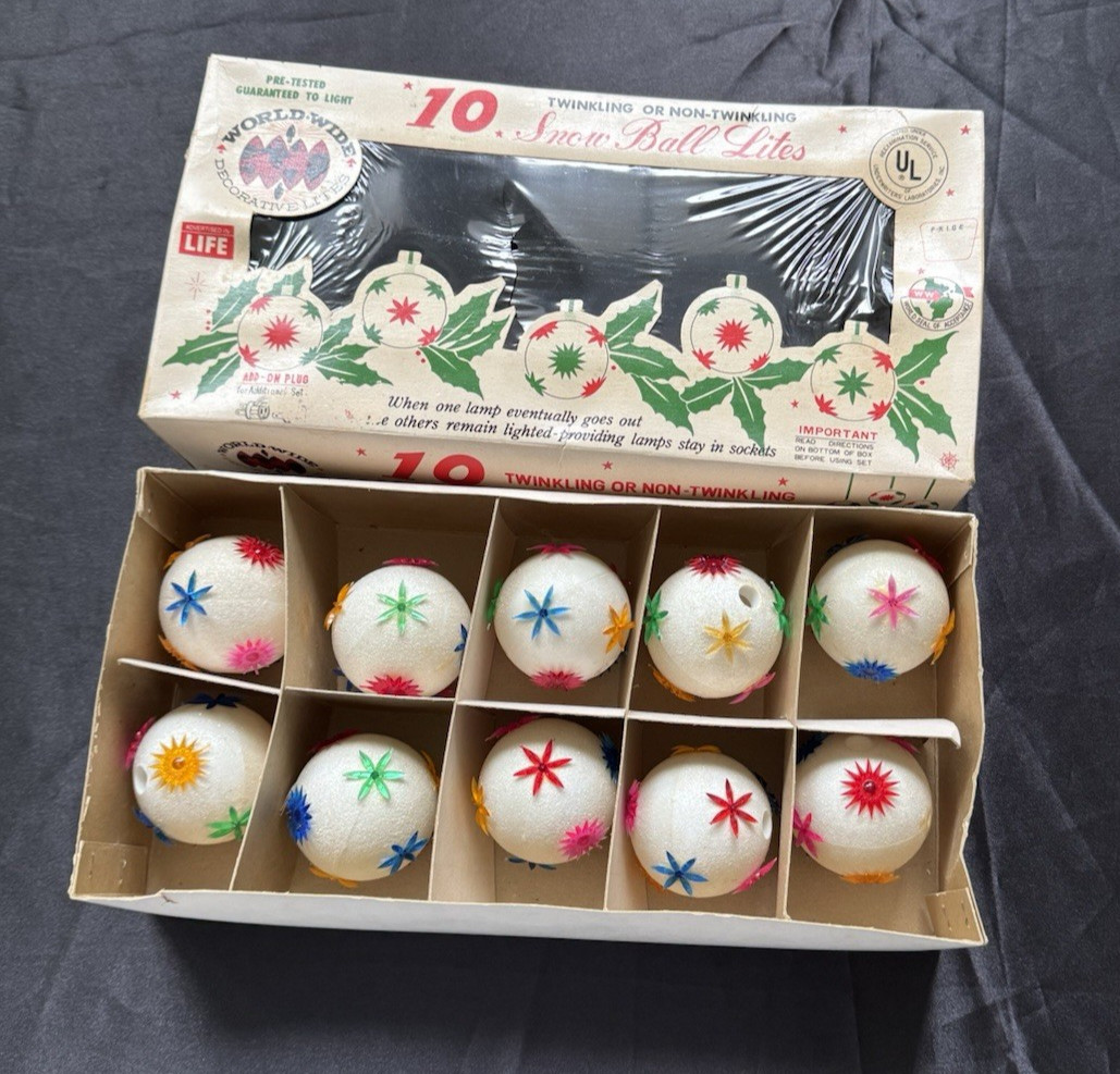 Vintage World Wide 10 Snow Ball String Lite Covers Only 1950's In Original Box
