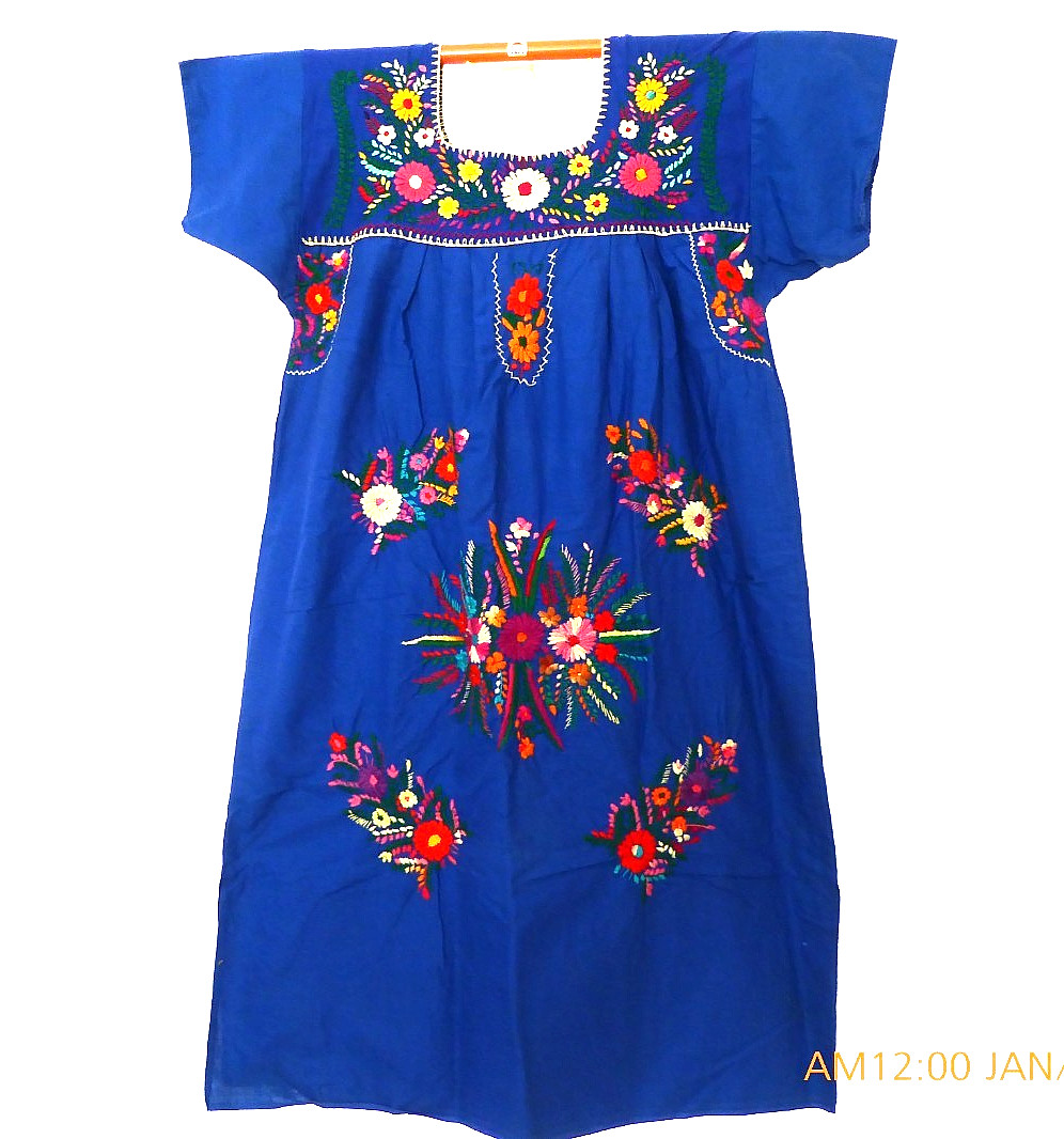 VINTAGE ROYAL BLUE HAND EMBROIDERED MEXICAN DRESS L XL