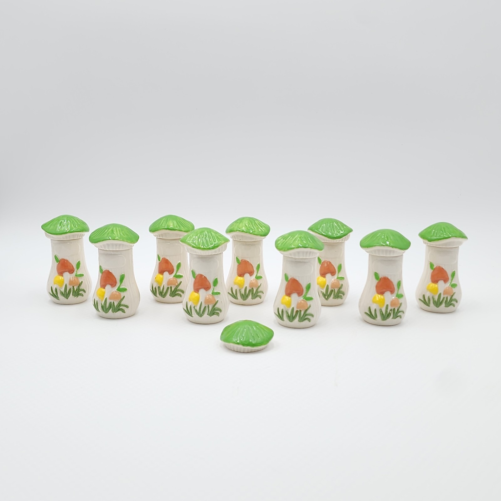 Vintage Arnel's Mushroom Ceramic Spice Jar Set Of 9 With Green Lids And Stoppers