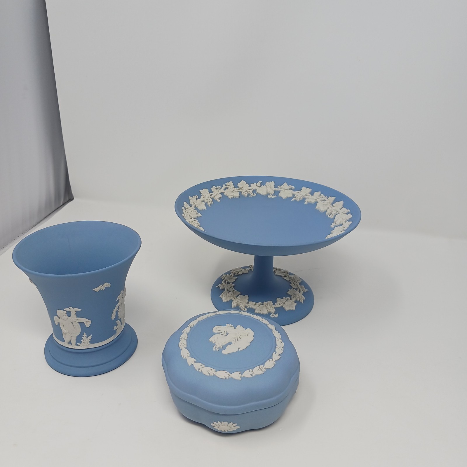 Vintage Wedgwood Blue Jasperware 3-Piece Set Footed Compote, Vase & Trinket Box Vintage Wedgwood Blue Jasperware 3-Piece Set Footed Compote, Vase & Trinket Box