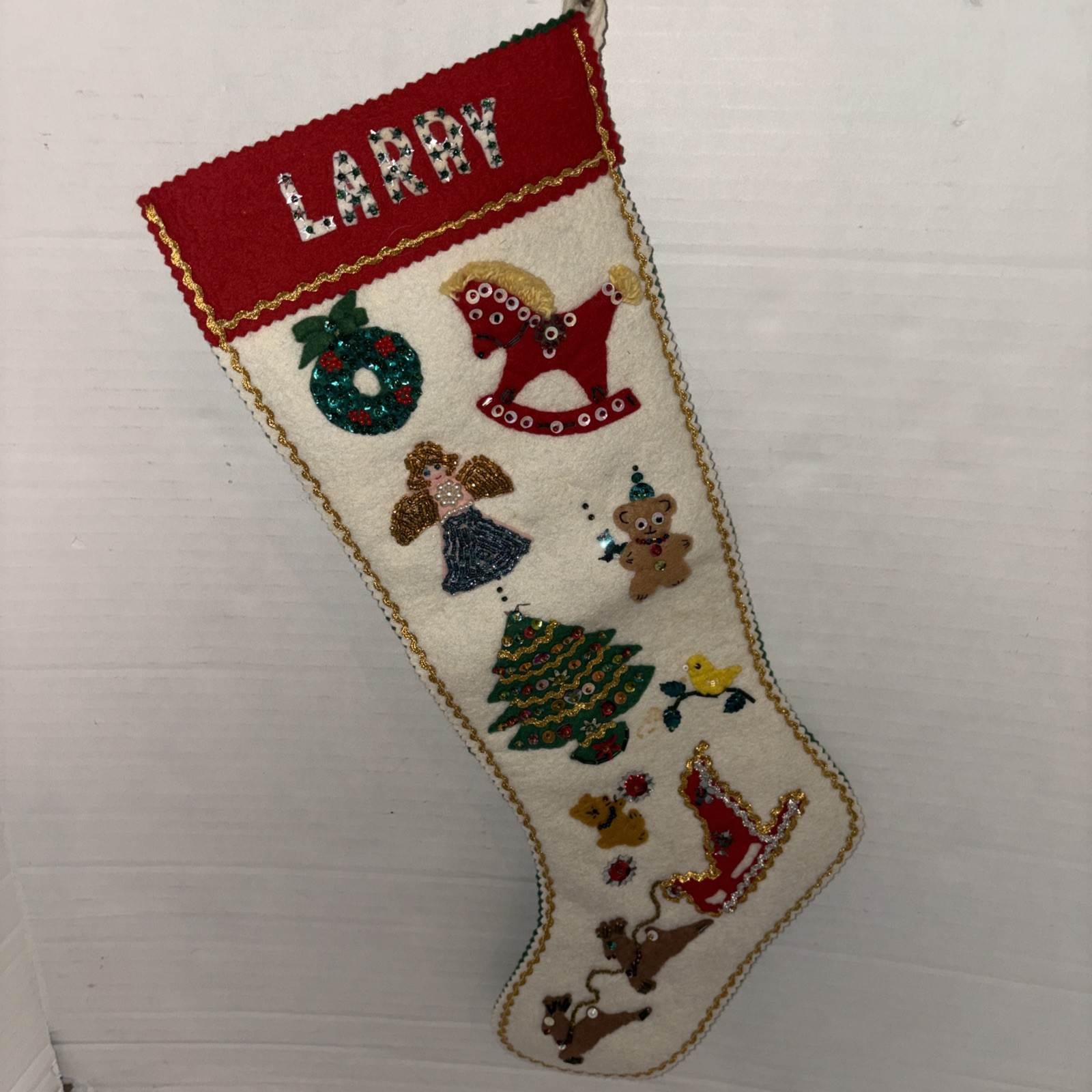 Vtg Handmade Felt Sequin Bead Stocking Christmas 19\ Vtg Handmade Felt Sequin Bead Stocking Christmas 19\