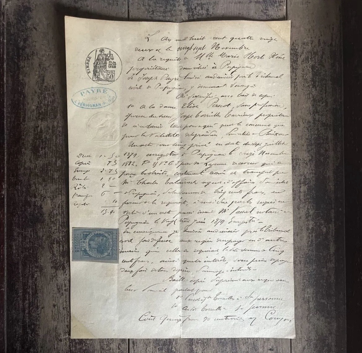 Antique French Legal Document 19th C Handwritten Revenue Stamp Manuscript France