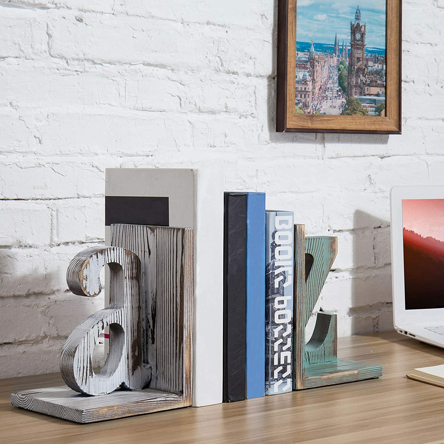 MyGift Shabby Chic Vintage White & Blue Wood Alphabet Bookends