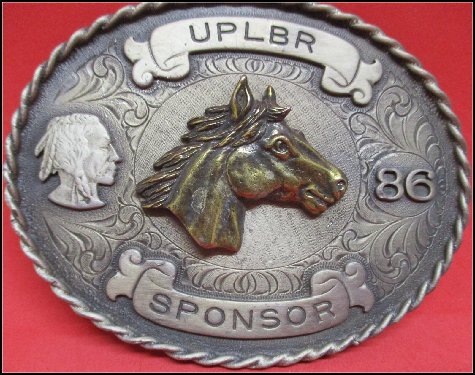 Big Heavy 1986 TROPHY UPLBR Horsehead & Indian Western Sponser Belt Buckle Big Heavy 1986 TROPHY UPLBR Horsehead & Indian Western Sponser Belt Buckle