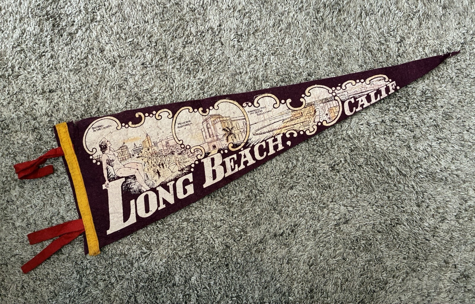Vintage 1940s-50s Maroon Felt Pennant w/ Landmark Graphics Long Beach California Vintage 1940s-50s Maroon Felt Pennant w/ Landmark Graphics Long Beach California