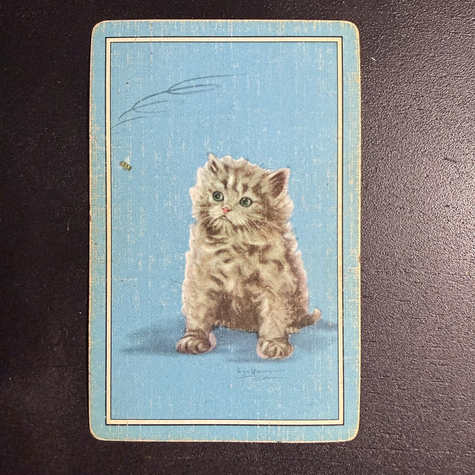 Kitten & Bee / Kitty Cat Single Swap Playing Card, Blue -c. 1930s (Linen) Kitten & Bee / Kitty Cat Single Swap Playing Card, Blue -c. 1930s (Linen)