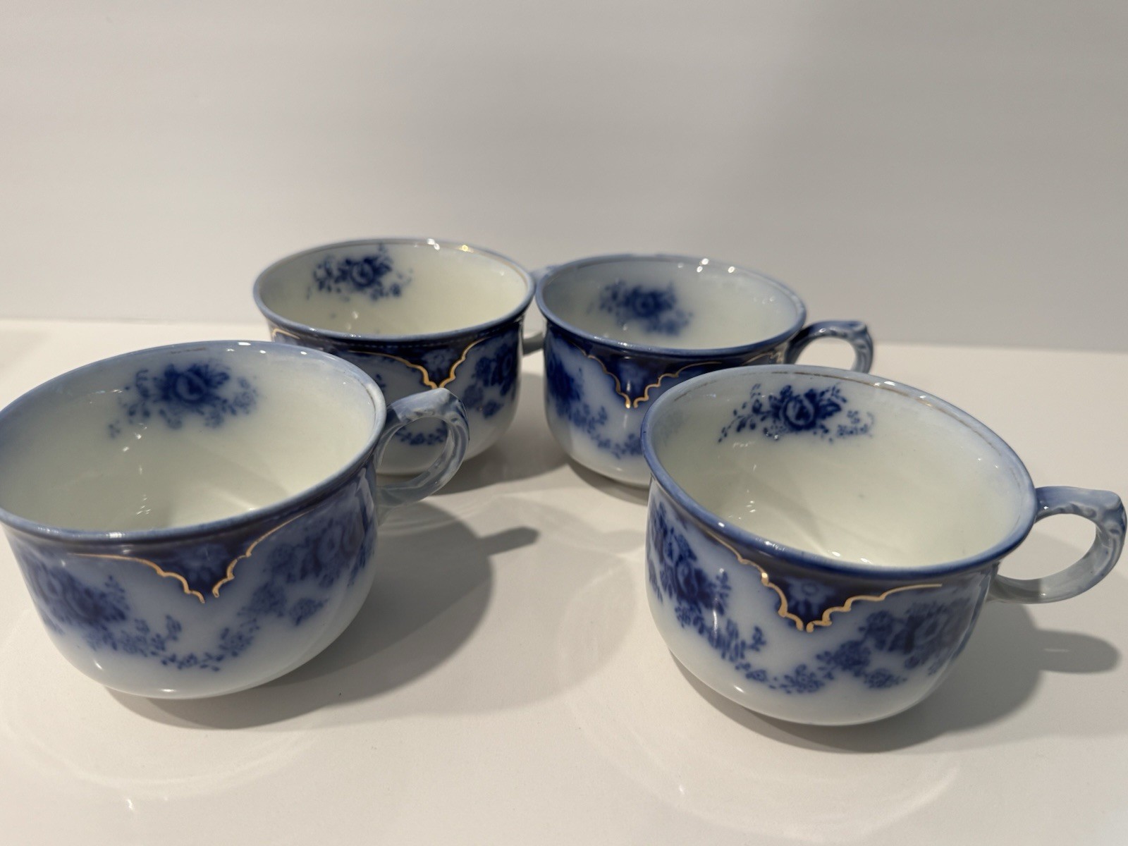 4-Genuine Antique Victorian England Blue Porcelain Teacups Gold Gilt 1891-1912 