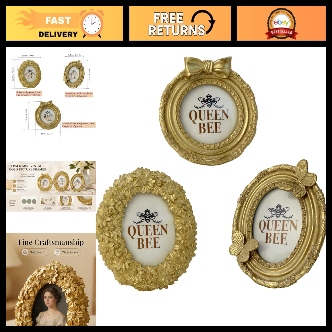 3 Pcs Vintage Gold Ornate Picture Frames Set - Oval 2.5x3.5 & Round 3x3 Inch